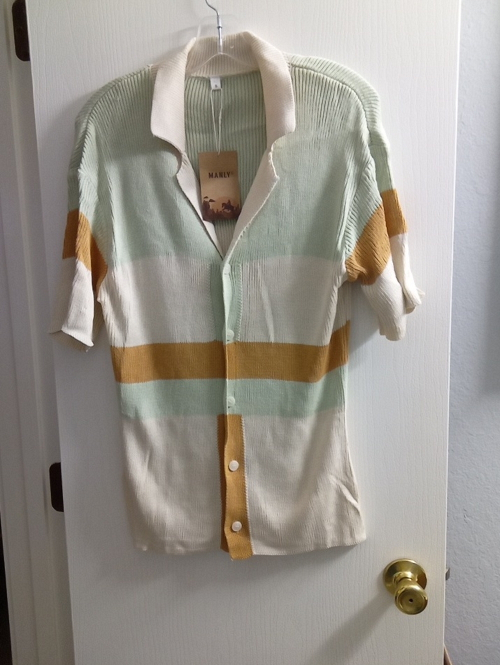 Casual Short-Sleeve Knit Polo in Mint, Cream & Mustard